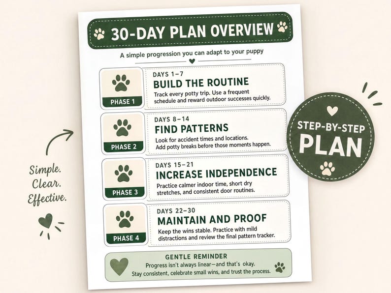 The image is a 30-day plan overview for a puppy, providing a step-by-step guide on how to train a puppy to follow a routine.