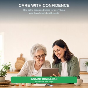 An older woman and a younger woman are sitting together at a table, looking at a tablet device. The older woman is smiling and the younger woman is attentively observing the tablet screen.