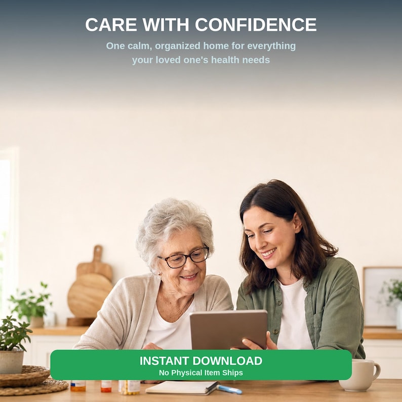 An older woman and a younger woman are sitting together at a table, looking at a tablet device. The older woman is smiling and the younger woman is attentively observing the tablet screen.