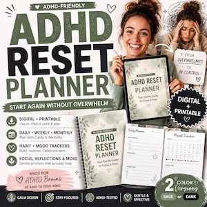 a woman holding up a sign that says adhd rest planner