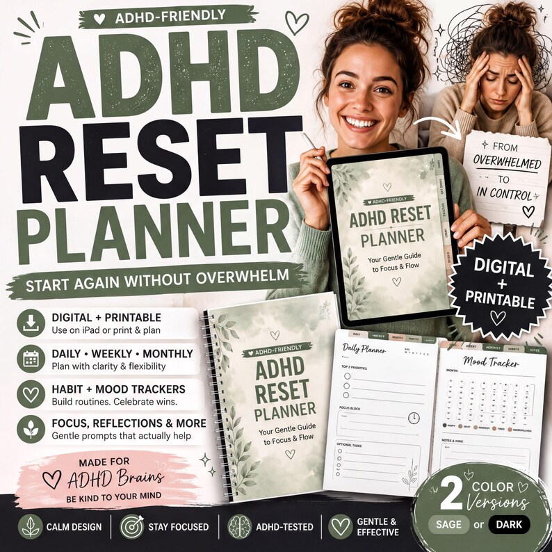a woman holding up a sign that says adhd rest planner