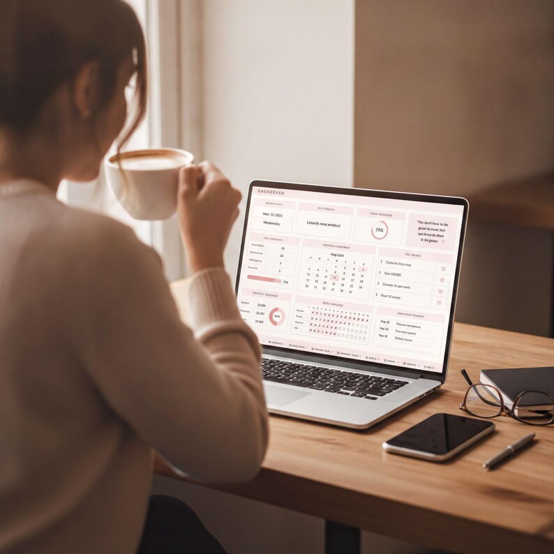 A woman is sitting at a desk, sipping coffee and working on a laptop computer.
