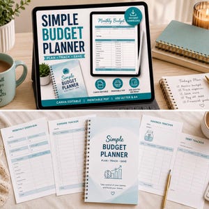 a workspace with a laptop, a notebook, a mug, a potted plant, and other office supplies. The laptop screen shows a "Simple Budget Planner" app, and the notebook has a "Simple Budget Planner" cover. The mug has a message that says "Small steps results".