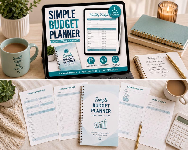 a workspace with a laptop, a notebook, a mug, a potted plant, and other office supplies. The laptop screen shows a "Simple Budget Planner" app, and the notebook has a "Simple Budget Planner" cover. The mug has a message that says "Small steps results".