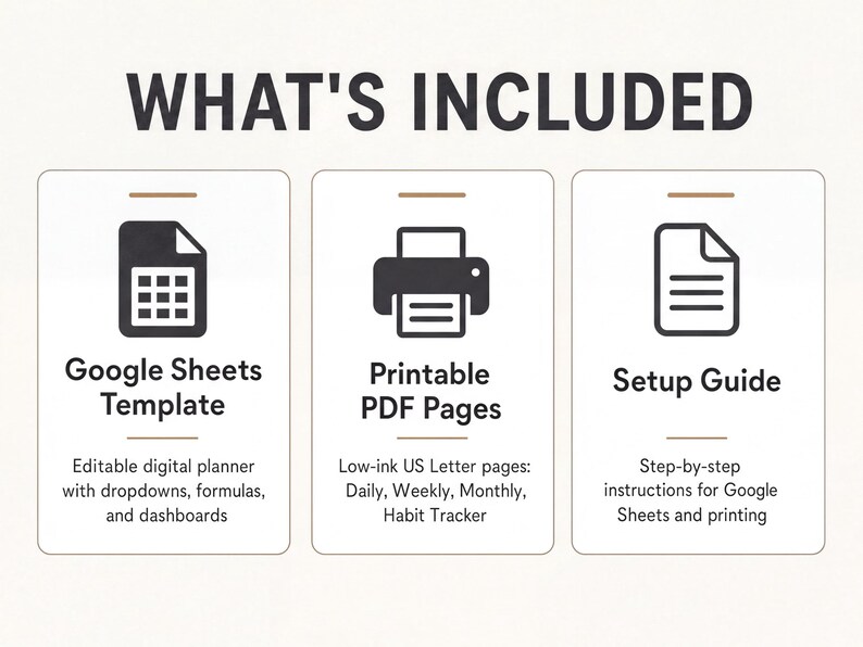 The image includes three different types of documents or resources, each with its own label: Google Sheets template, Printable PDF Pages, and Setup Guide.
