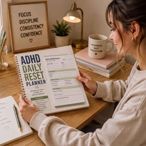 A woman is sitting at a desk, reading a book titled "ADHD Daily Reset Planner" while surrounded by various items such as a candle, a notebook, and a mug.