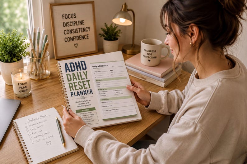 A woman is sitting at a desk, reading a book titled "ADHD Daily Reset Planner" while surrounded by various items such as a candle, a notebook, and a mug.