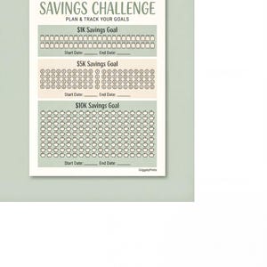 The image is a savings challenge poster that encourages participants to set and track their savings goals. It features a goal of $10K savings and provides a space for tracking the start and end dates of the savings goal.