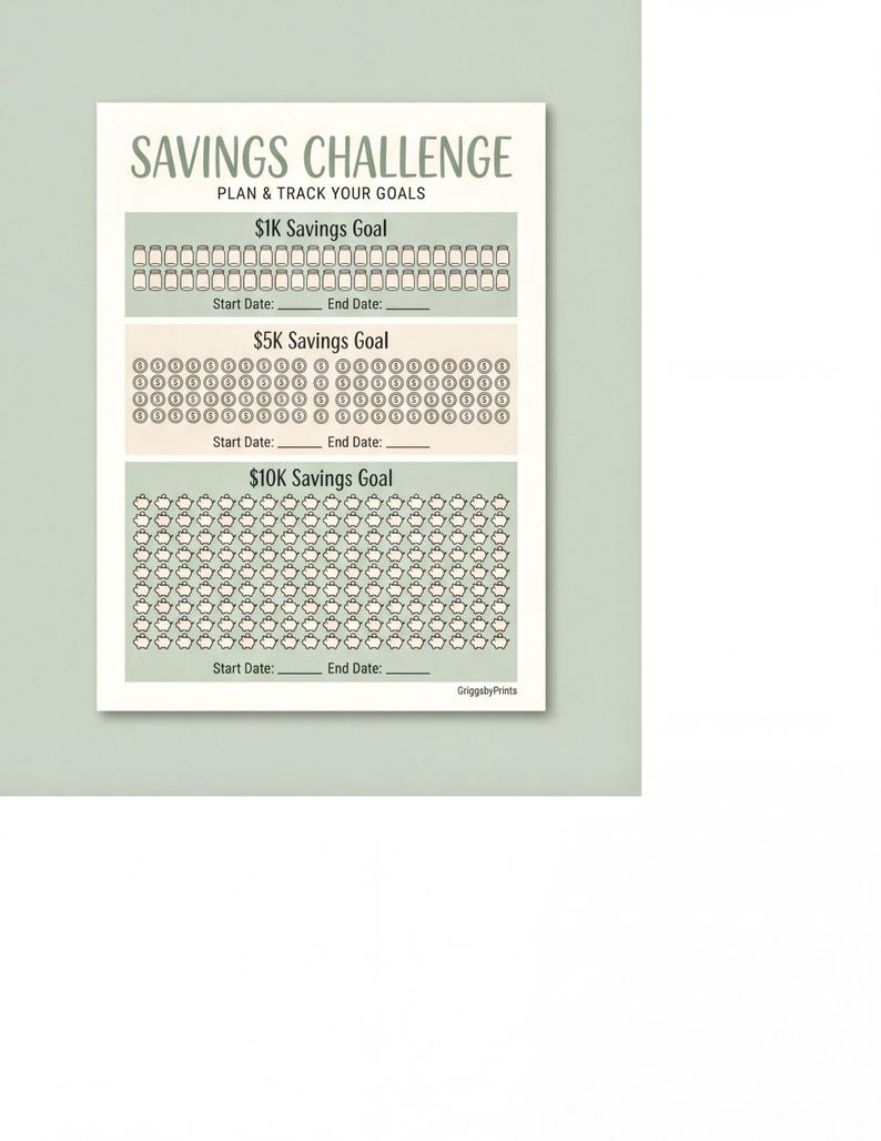 The image is a savings challenge poster that encourages participants to set and track their savings goals. It features a goal of $10K savings and provides a space for tracking the start and end dates of the savings goal.