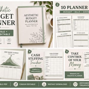 The image is a collage of various elements related to a budget planner, including a book, a notebook, and a set of pages with different sections for tracking expenses, creating a budget, and managing debt.