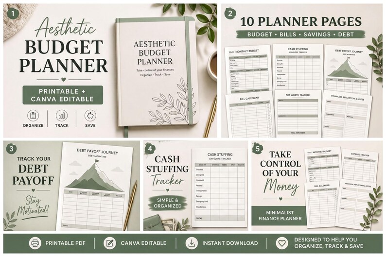 The image is a collage of various elements related to a budget planner, including a book, a notebook, and a set of pages with different sections for tracking expenses, creating a budget, and managing debt.