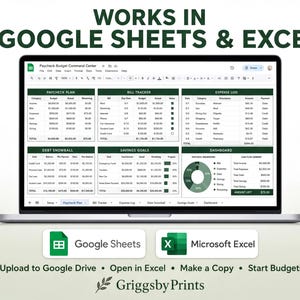 The image is an advertisement for a budgeting software that works in Google Sheets and Excel. It features a laptop displaying the software interface, with various financial data and charts. The software is designed to help users create and manage budgets, track expenses, and plan for savings.