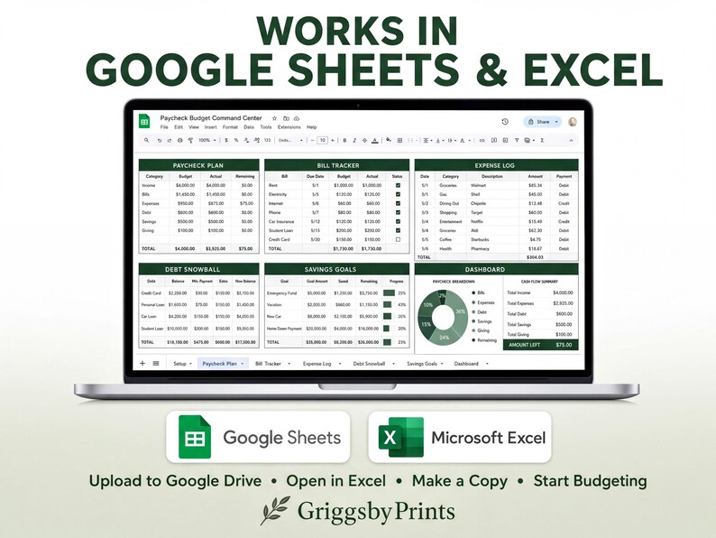 The image is an advertisement for a budgeting software that works in Google Sheets and Excel. It features a laptop displaying the software interface, with various financial data and charts. The software is designed to help users create and manage budgets, track expenses, and plan for savings.