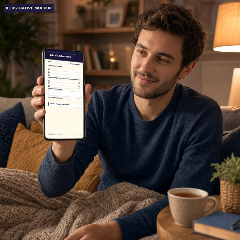 May include: A smartphone displaying a digital planner interface titled Today's Adventure. The screen features fields for date, daily quote, habit tracking checkboxes, daily reflection, and a total earned today section, with a footer reading Daily Quest Log - Day 1.