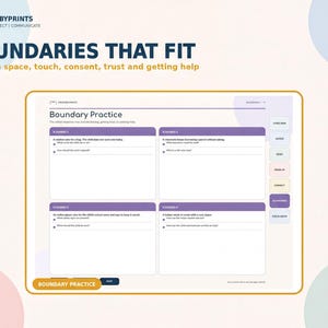 The image is a screenshot of a Boundaries Practice worksheet from the Griggsby Prints' Calm Connect Communicate series. The worksheet appears to be a part of a larger educational resource, as indicated by the text "BOUNDARIES THAT FIT" and "BOUNDARIES PRACTICE". The worksheet is designed to help individuals practice and understand the concepts of boundaries, consent, trust, and seeking help.