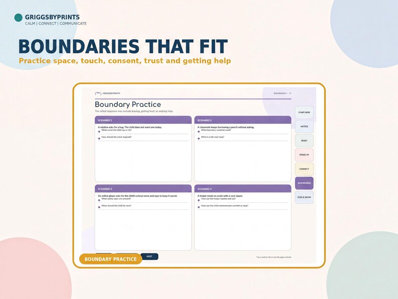 The image is a screenshot of a Boundaries Practice worksheet from the Griggsby Prints' Calm Connect Communicate series. The worksheet appears to be a part of a larger educational resource, as indicated by the text "BOUNDARIES THAT FIT" and "BOUNDARIES PRACTICE". The worksheet is designed to help individuals practice and understand the concepts of boundaries, consent, trust, and seeking help.