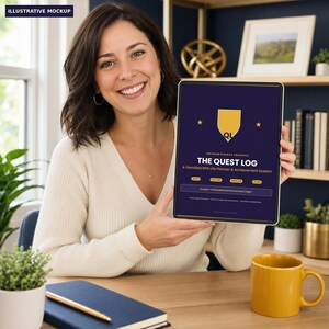 May include: A digital tablet displaying a dark purple cover for The Quest Log, a gamified RPG life planner and achievement system. The screen features a yellow shield icon with the letters QL, two small stars, and text detailing the planner's features.