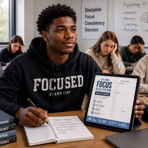 A student in a black hoodie is sitting at a desk, holding a tablet displaying a "Focus" app, surrounded by books and other study materials.