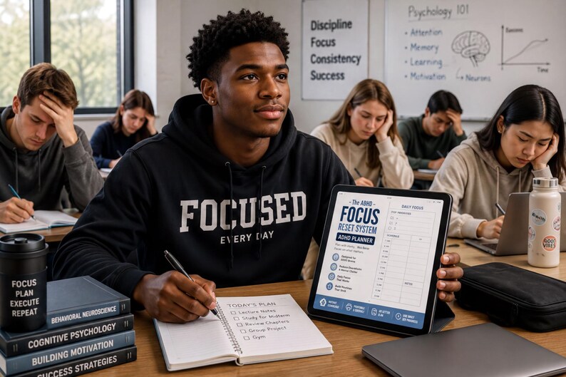 A student in a black hoodie is sitting at a desk, holding a tablet displaying a "Focus" app, surrounded by books and other study materials.