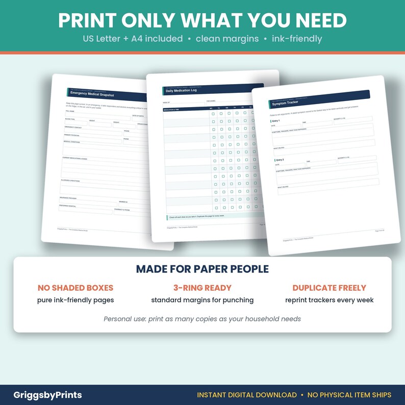 The image is a promotional graphic for a printer that offers a variety of paper sizes and types, including US Letter, A4, and clean margins. It features three different paper types, each with a unique design and purpose, such as an Emergency Medical Sketchbook, Symptom Tracker, and Daily Medical Log. The printer is designed to cater to the needs of paper users, providing options for printing as many copies as necessary and offering various paper sizes and types to suit different requirements.