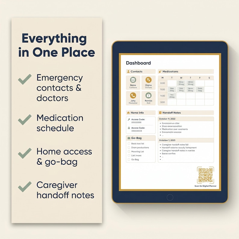 a digital interface with a dashboard and a tablet screen showing a medication schedule and emergency contacts. The dashboard includes a calendar, a medication schedule, and a list of emergency contacts. The tablet screen shows a medication schedule and a caregiver handoff notes. The interface is designed to provide a centralized location for managing medical information and emergency contacts.