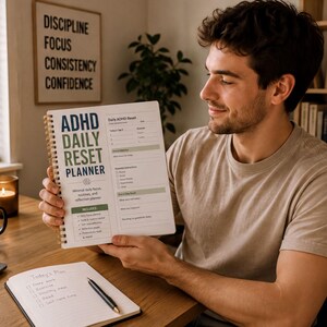 A man sits at a desk, holding a notebook with a daily reset plan for ADHD. The desk is cluttered with various items, including a laptop, a mug, and a plant. The man appears to be focused on the plan, which includes a list of daily tasks and strategies to manage ADHD symptoms.