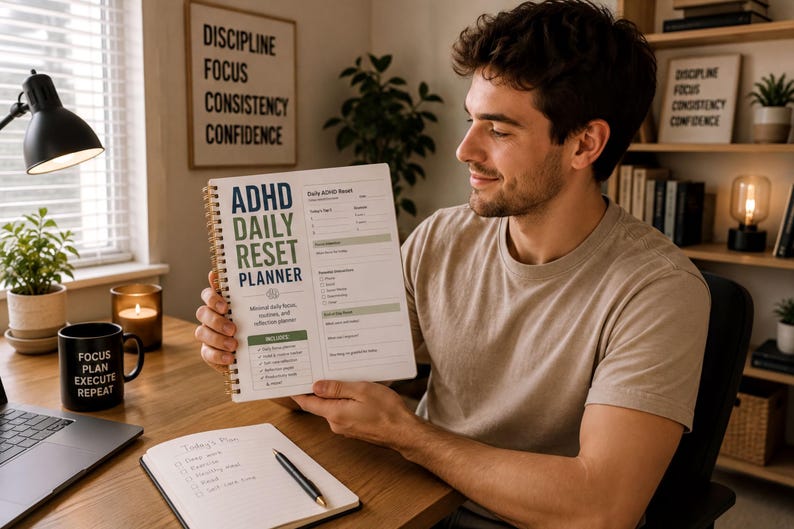 A man sits at a desk, holding a notebook with a daily reset plan for ADHD. The desk is cluttered with various items, including a laptop, a mug, and a plant. The man appears to be focused on the plan, which includes a list of daily tasks and strategies to manage ADHD symptoms.