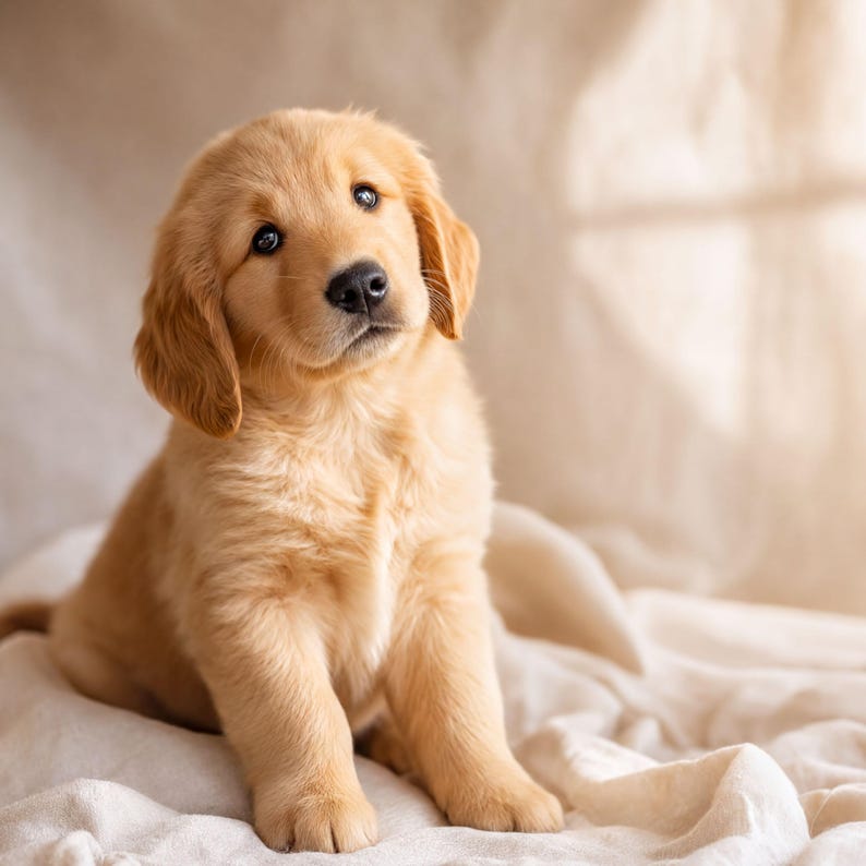 A golden retriever puppy sitting on a white blanket, looking up with a curious expression.