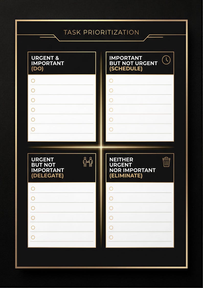 The image is a task prioritization chart with four sections, each representing a different priority level. The chart includes a list of tasks and their priority levels, with the tasks labeled as urgent and important.