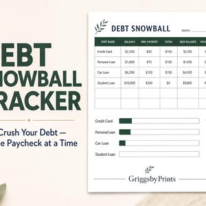 The image is a screenshot of a Debt Snowball Tracker graphic, which is a tool to help users crush their debt by paying off their debt one payment at a time. The tool is designed to provide a visual representation of the debt balances and the progress made in paying off the debt.