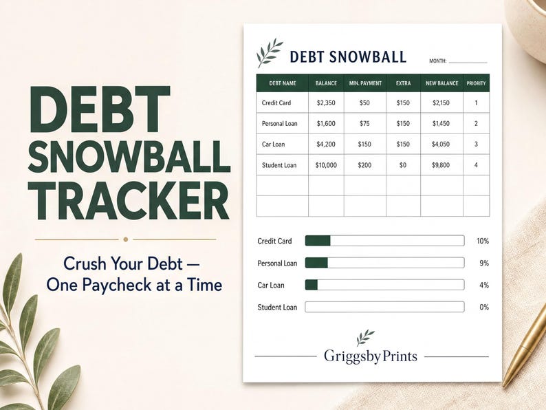The image is a screenshot of a Debt Snowball Tracker graphic, which is a tool to help users crush their debt by paying off their debt one payment at a time. The tool is designed to provide a visual representation of the debt balances and the progress made in paying off the debt.
