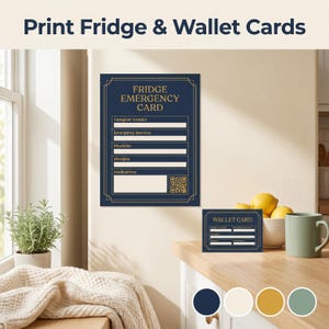 a kitchen counter with a potted plant, a wallet card, and a sign for a refrigerator emergency card.