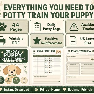 The image is a collage of various elements related to potty training a puppy, including a title, a list of items needed, and a daily log.