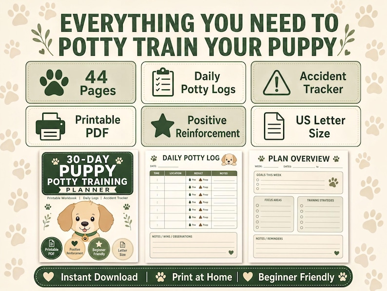 The image is a collage of various elements related to potty training a puppy, including a title, a list of items needed, and a daily log.
