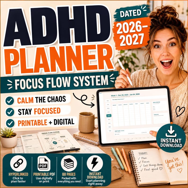 The image is an advertisement for an ADHD planner, featuring a smiling woman holding a tablet displaying the ADHD planner interface. The text highlights the ADHD planner's focus on a flow system, calming the chaos, staying focused, and providing a printable and digital version. The ad also includes a list of features and a call to action for the ADHD planner.