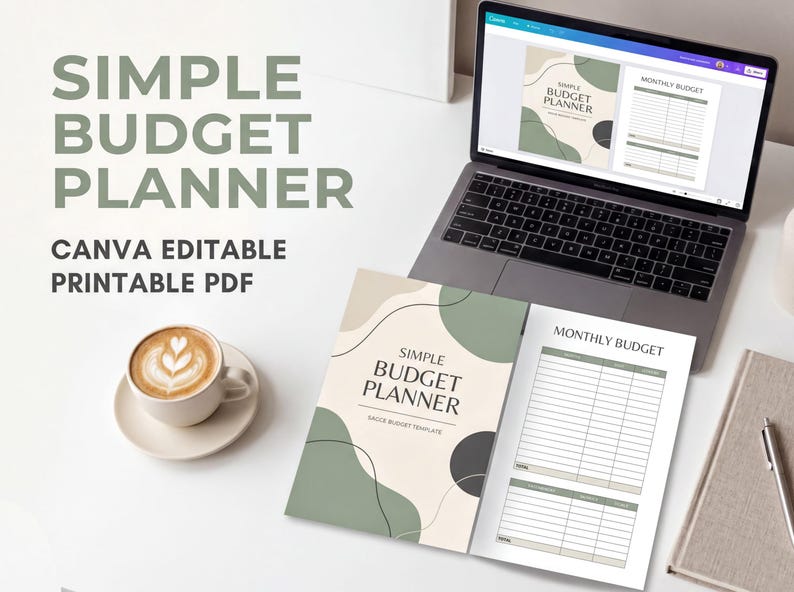 a laptop with a budget planner open, along with a cup of coffee and a notebook on a desk.