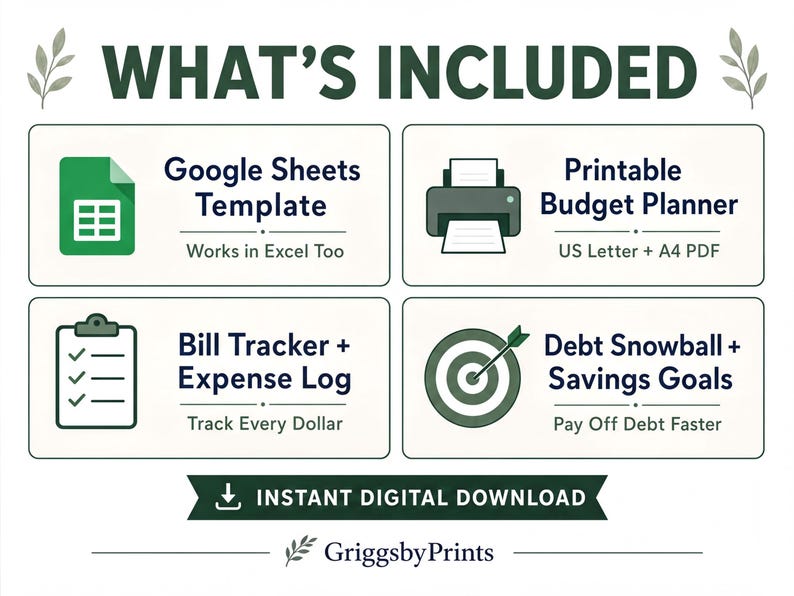 The image is a collage of four icons representing different tools and features, including Google Sheets, a budget planner, a bill tracker, and a target with a bullseye. The icons are arranged in a grid format, with each icon labeled with its corresponding feature. The image does not contain any text, and the icons are not described in detail.