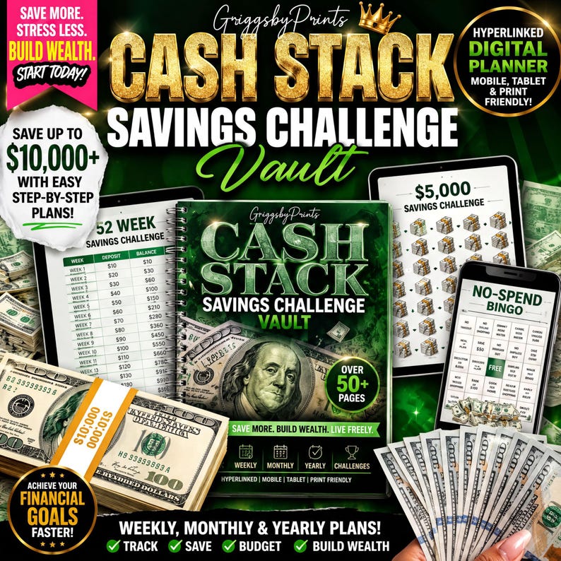 a poster advertising a cash stack savings challenge