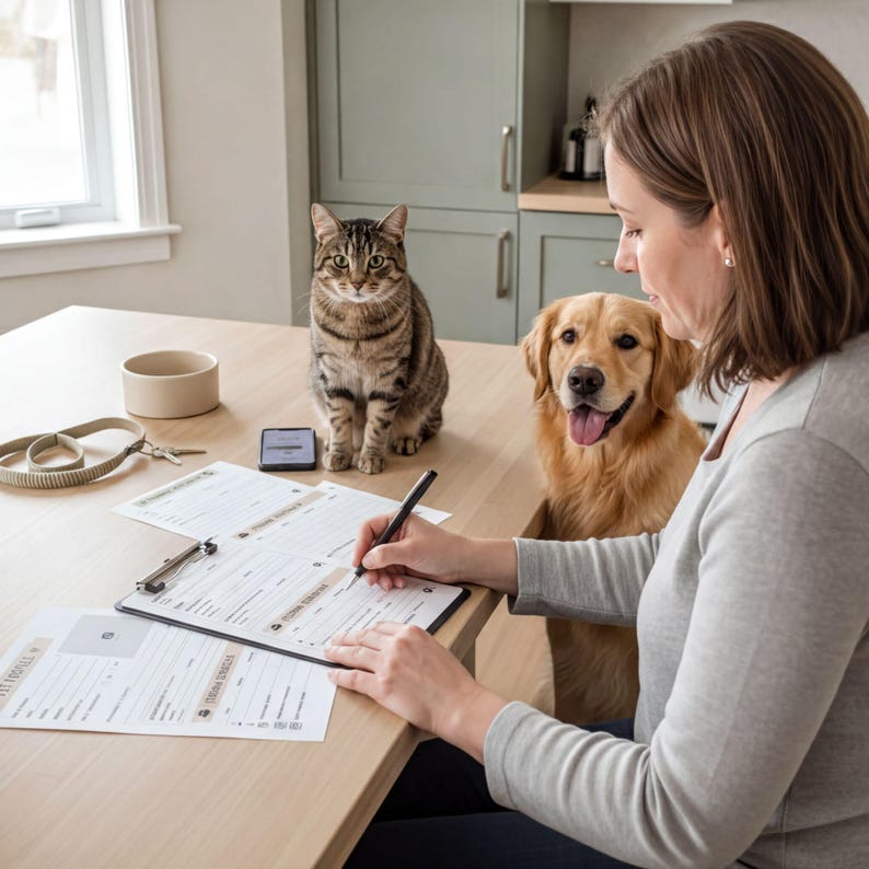 A woman is sitting at a table, writing on a piece of paper, with a cat and a dog sitting beside her.