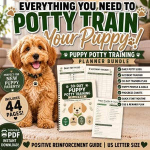 a puppy sitting on the floor next to a potty training guide