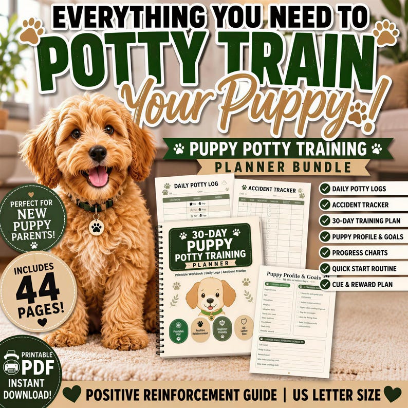 a puppy sitting on the floor next to a potty training guide