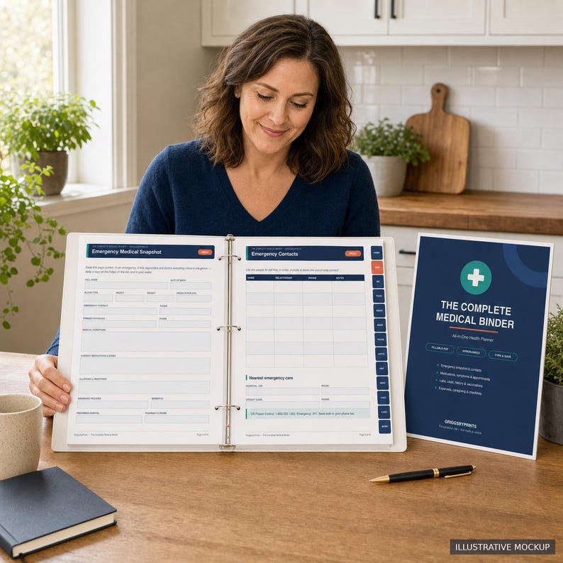 A woman is sitting at a desk, holding a large open binder with a medical survey form on it. The desk is set against a backdrop of a kitchen counter and a potted plant.