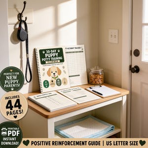a 30-day puppy training planner and a daily puppy log, along with a jar of dog treats and a pen, all placed on a wooden shelf or table.