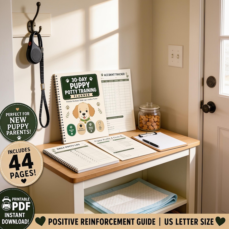 a 30-day puppy training planner and a daily puppy log, along with a jar of dog treats and a pen, all placed on a wooden shelf or table.