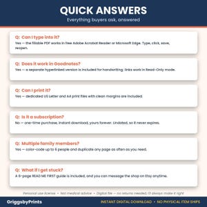 a series of questions and answers related to the use of Adobe Acrobat Reader and Microsoft Edge, as well as information about the availability of a 6-page READ ME FIRST guide on Etsy. The questions cover topics such as the compatibility of the software, the availability of a printable PDF, the functionality of GoodNotes, the cost of printing, and the availability of a subscription service.