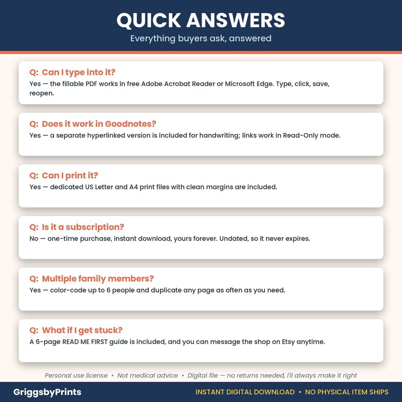 a series of questions and answers related to the use of Adobe Acrobat Reader and Microsoft Edge, as well as information about the availability of a 6-page READ ME FIRST guide on Etsy. The questions cover topics such as the compatibility of the software, the availability of a printable PDF, the functionality of GoodNotes, the cost of printing, and the availability of a subscription service.
