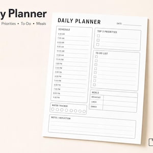 The image is a daily planner with a schedule, priorities, to-do list, meals, and a water tracker.