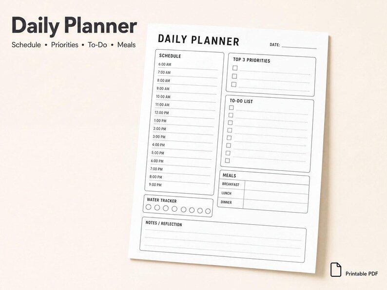 The image is a daily planner with a schedule, priorities, to-do list, meals, and a water tracker.