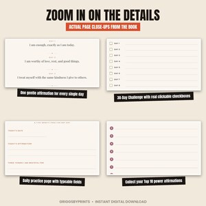 The image is a page from a book with a focus on daily affirmations and practice pages. It includes a daily practice page with specific fields for daily affirmations and a 30-day challenge with real clickable checkboxes.