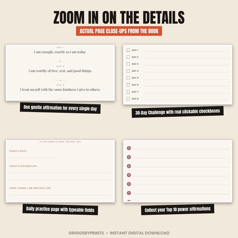 The image is a page from a book with a focus on daily affirmations and practice pages. It includes a daily practice page with specific fields for daily affirmations and a 30-day challenge with real clickable checkboxes.